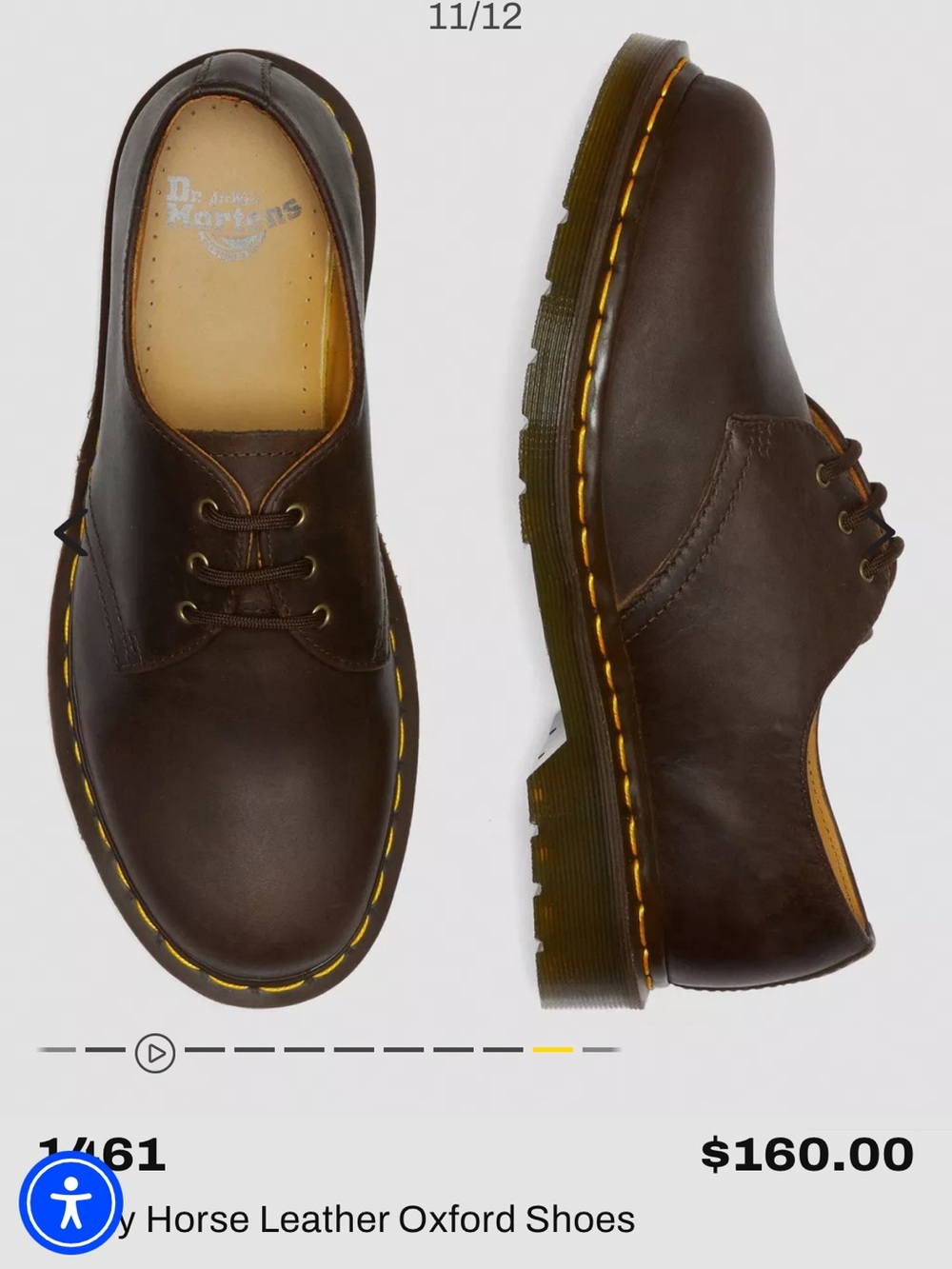 Dr. Martens Men’s Dark Brown Leather Oxford Shoes with Yellow Stitching Sz. 10